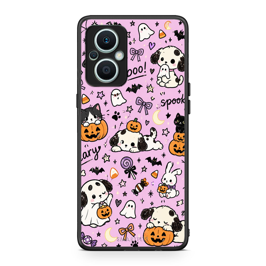 Θήκη Oppo Reno7 Lite Halloween Puppies and Friends on Lilac από τη Smartfits με σχέδιο στο πίσω μέρος και μαύρο περίβλημα | Oppo Reno7 Lite Halloween Puppies and Friends on Lilac case with colorful back and black bezels