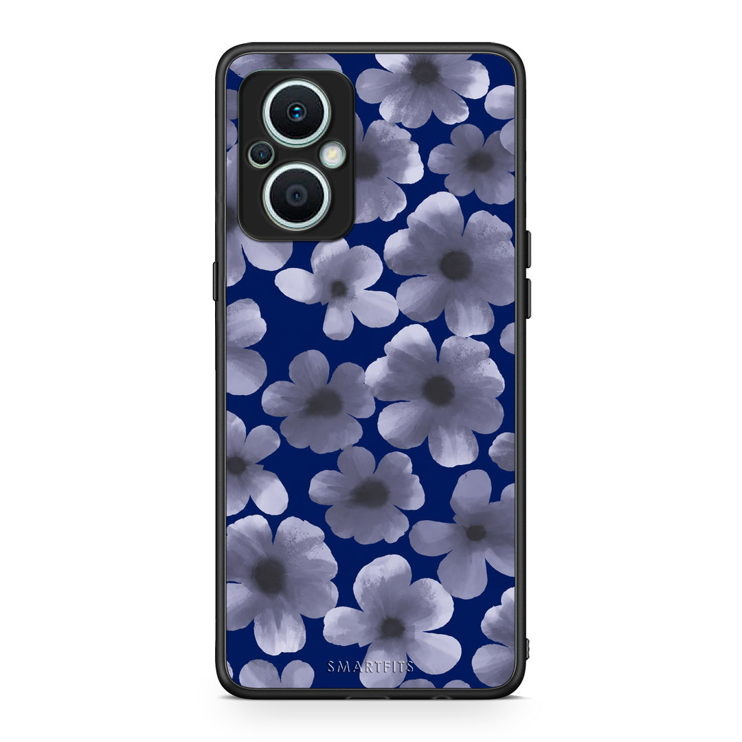 Θήκη Oppo Reno7 Lite Pale Blue Flowers on Navy από τη Smartfits με σχέδιο στο πίσω μέρος και μαύρο περίβλημα | Oppo Reno7 Lite Pale Blue Flowers on Navy case with colorful back and black bezels