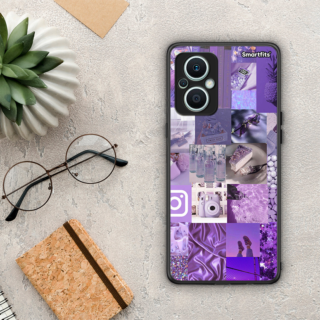 Θήκη Oppo Reno7 Lite Purple Aesthetic Collage από τη Smartfits με σχέδιο στο πίσω μέρος και μαύρο περίβλημα | Oppo Reno7 Lite Purple Aesthetic Collage Case with Colorful Back and Black Bezels
