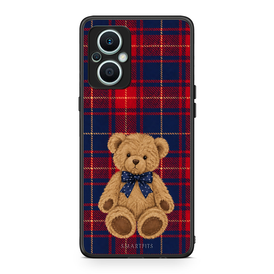 Θήκη Oppo Reno7 Lite Teddy Bear on Red and Navy Tartan από τη Smartfits με σχέδιο στο πίσω μέρος και μαύρο περίβλημα | Oppo Reno7 Lite Teddy Bear on Red and Navy Tartan case with colorful back and black bezels