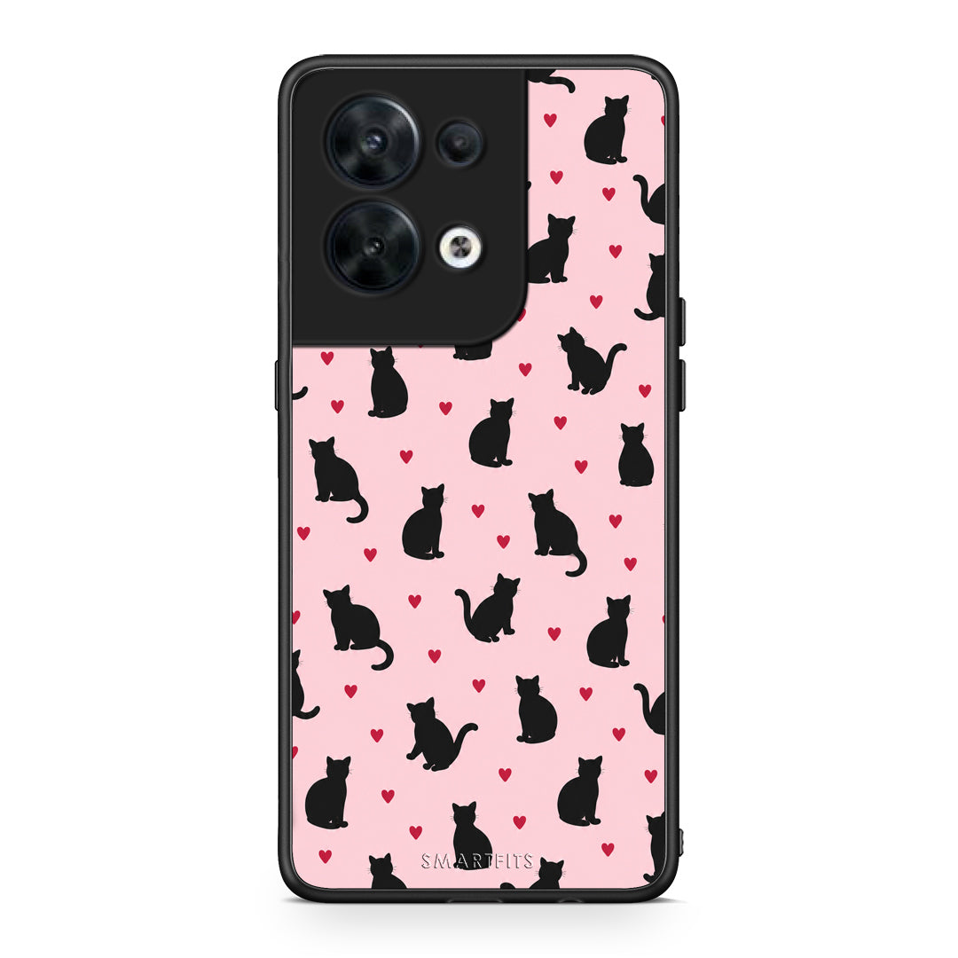 Θήκη Oppo Reno8 5G Black Cat Silhouettes and Hearts on Pink από τη Smartfits με σχέδιο στο πίσω μέρος και μαύρο περίβλημα | Oppo Reno8 5G Black Cat Silhouettes and Hearts on Pink case with colorful back and black bezels