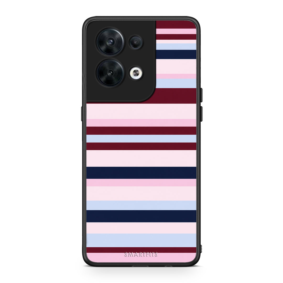 Θήκη Oppo Reno8 5G Burgundy Pink and Blue Horizontal Stripes από τη Smartfits με σχέδιο στο πίσω μέρος και μαύρο περίβλημα | Oppo Reno8 5G Burgundy Pink and Blue Horizontal Stripes case with colorful back and black bezels