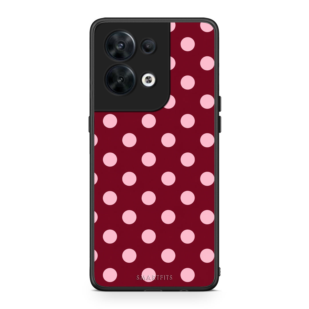 Θήκη Oppo Reno8 5G Pink Polka Dots on Burgundy από τη Smartfits με σχέδιο στο πίσω μέρος και μαύρο περίβλημα | Oppo Reno8 5G Pink Polka Dots on Burgundy case with colorful back and black bezels