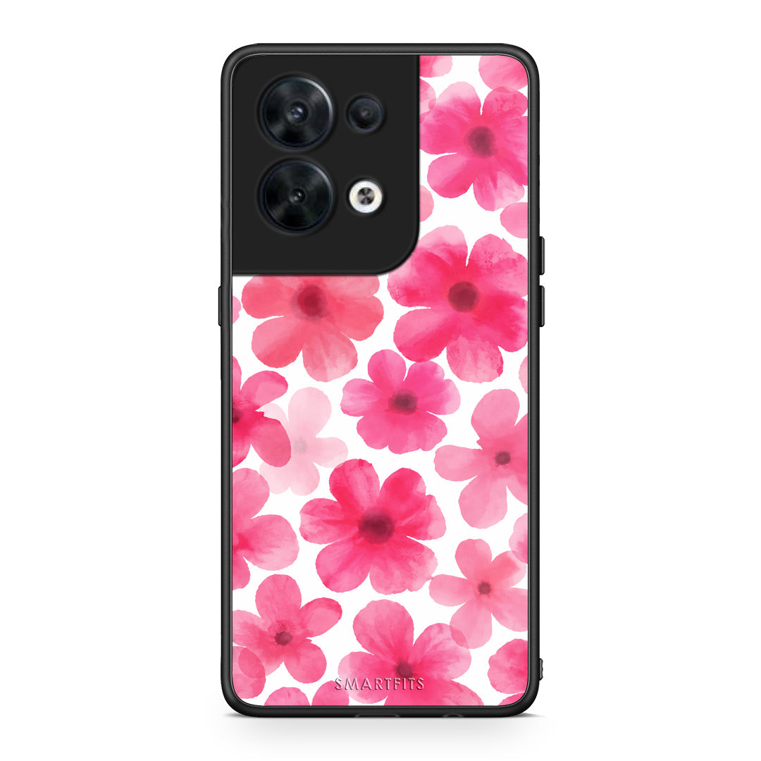 Θήκη Oppo Reno8 5G Pink Watercolour Flowers on White από τη Smartfits με σχέδιο στο πίσω μέρος και μαύρο περίβλημα | Oppo Reno8 5G Pink Watercolour Flowers on White case with colorful back and black bezels