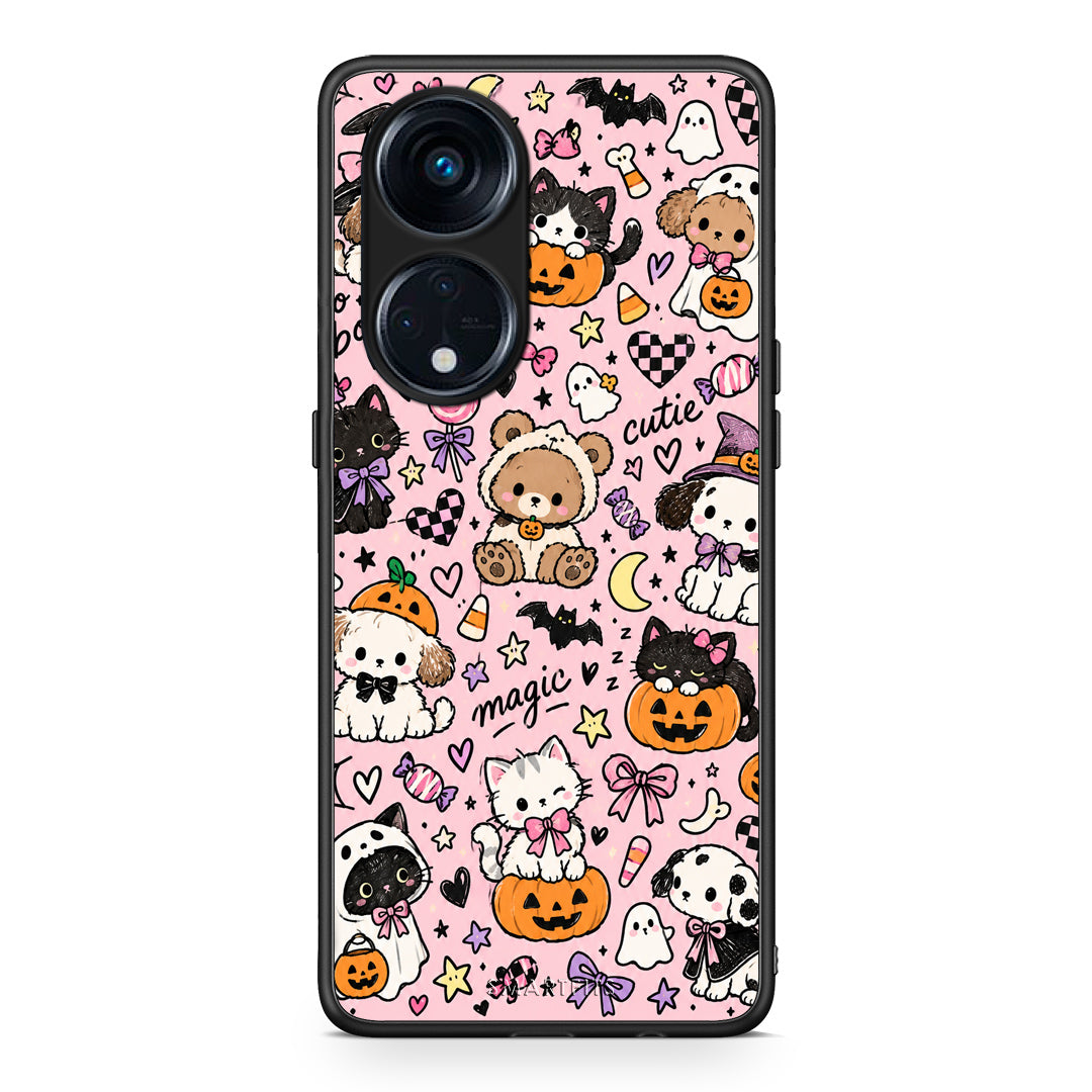 Θήκη Oppo Reno8T 5G / A1 Pro Halloween Cute Animals on Pink από τη Smartfits με σχέδιο στο πίσω μέρος και μαύρο περίβλημα | Oppo Reno8T 5G / A1 Pro Halloween Cute Animals on Pink case with colorful back and black bezels