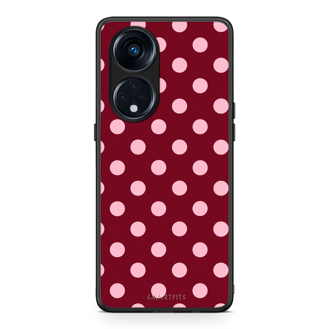 Θήκη Oppo Reno8T 5G / A1 Pro Pink Polka Dots on Burgundy από τη Smartfits με σχέδιο στο πίσω μέρος και μαύρο περίβλημα | Oppo Reno8T 5G / A1 Pro Pink Polka Dots on Burgundy case with colorful back and black bezels