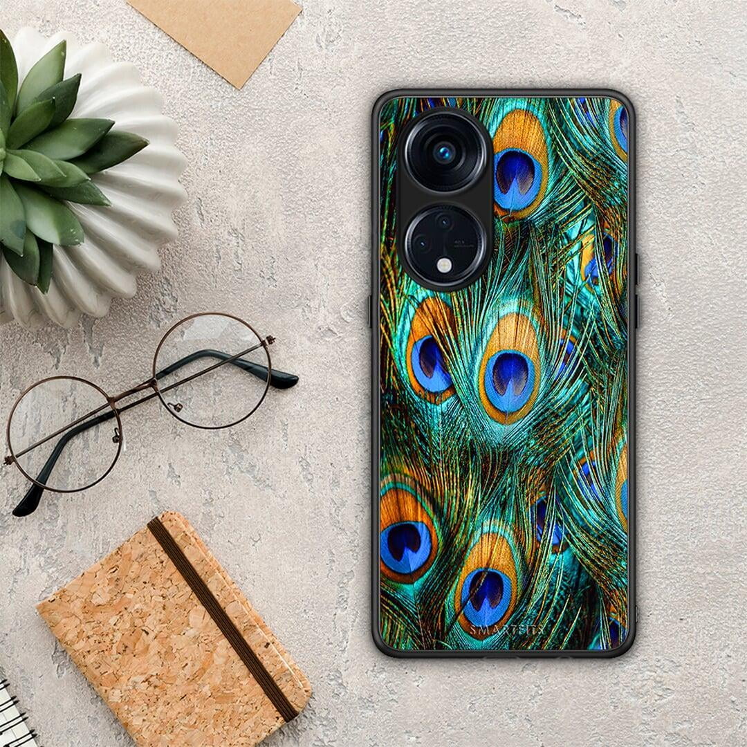 Θήκη Oppo A98 Real Peacock Feathers από τη Smartfits με σχέδιο στο πίσω μέρος και μαύρο περίβλημα | Oppo A98 Real Peacock Feathers Case with Colorful Back and Black Bezels
