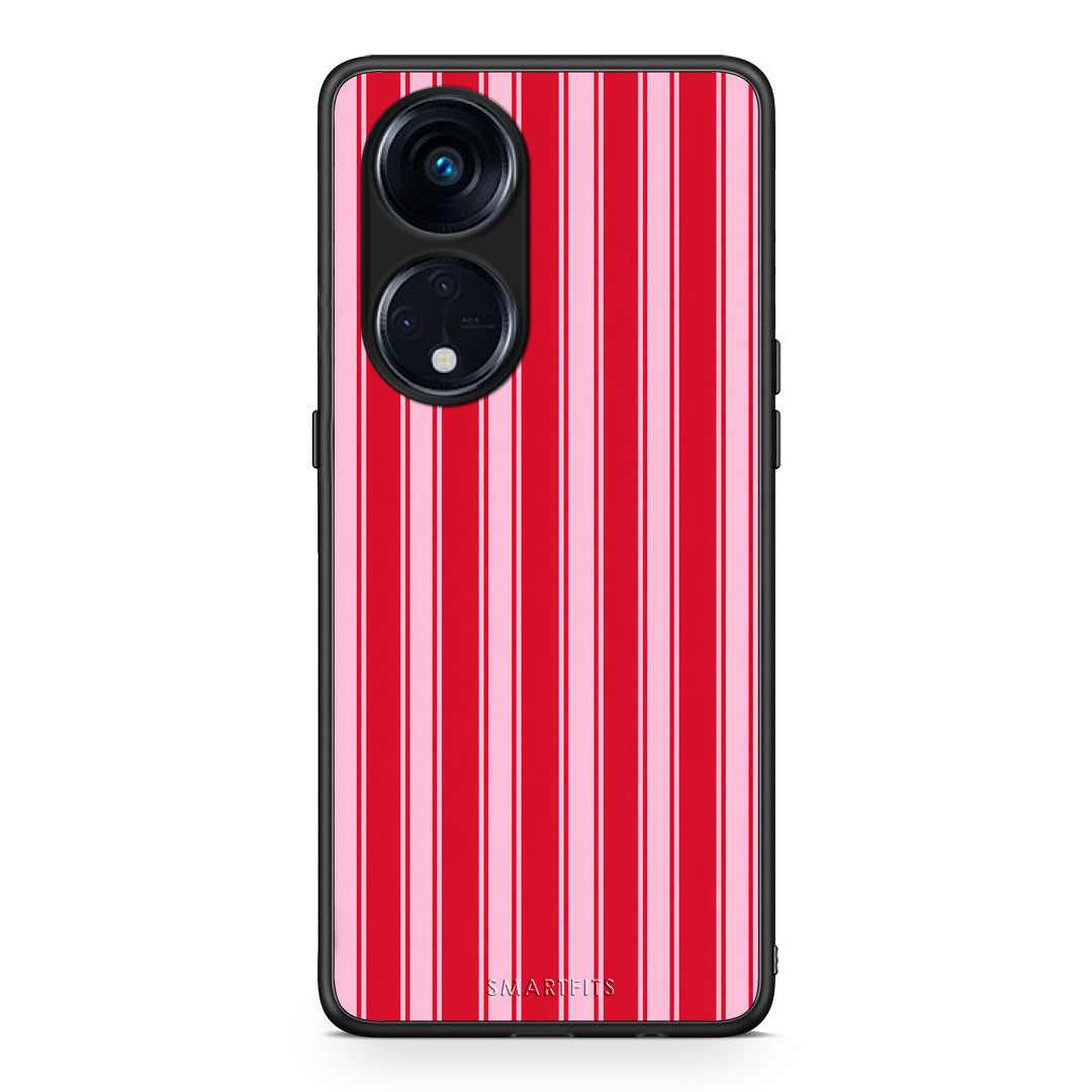 Θήκη Oppo Reno8T 5G / A1 Pro Red and Pink Vertical Pinstripes από τη Smartfits με σχέδιο στο πίσω μέρος και μαύρο περίβλημα | Oppo Reno8T 5G / A1 Pro Red and Pink Vertical Pinstripes case with colorful back and black bezels