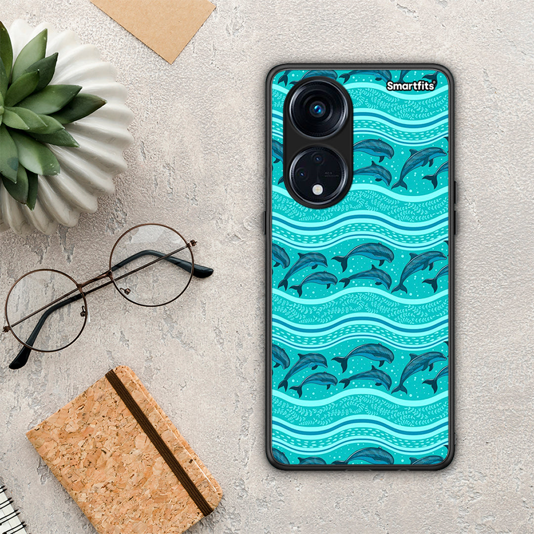 Θήκη Oppo Reno8T 5G / A1 Pro Swimming Dolphins από τη Smartfits με σχέδιο στο πίσω μέρος και μαύρο περίβλημα | Oppo Reno8T 5G / A1 Pro Swimming Dolphins Case with Colorful Back and Black Bezels
