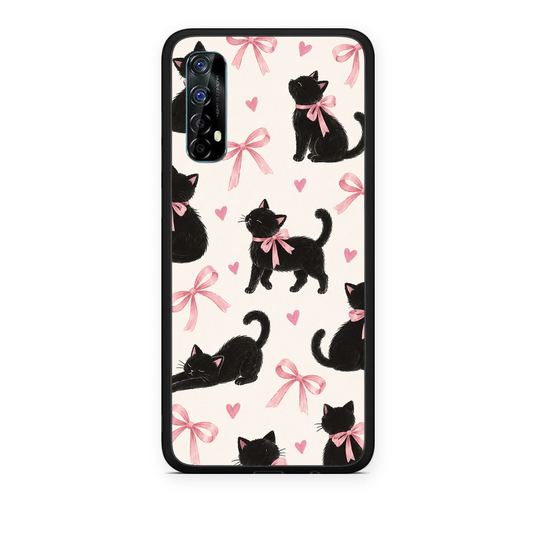 Θήκη Realme 7 Black Kittens and Pink Bows on Cream Large από τη Smartfits με σχέδιο στο πίσω μέρος και μαύρο περίβλημα | Realme 7 Black Kittens and Pink Bows on Cream Large case with colorful back and black bezels