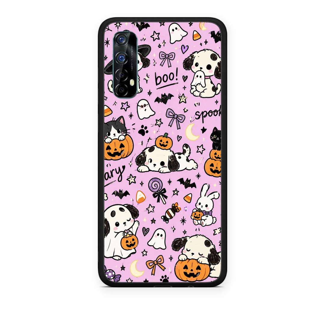 Θήκη Realme 7 Halloween Puppies and Friends on Lilac από τη Smartfits με σχέδιο στο πίσω μέρος και μαύρο περίβλημα | Realme 7 Halloween Puppies and Friends on Lilac case with colorful back and black bezels