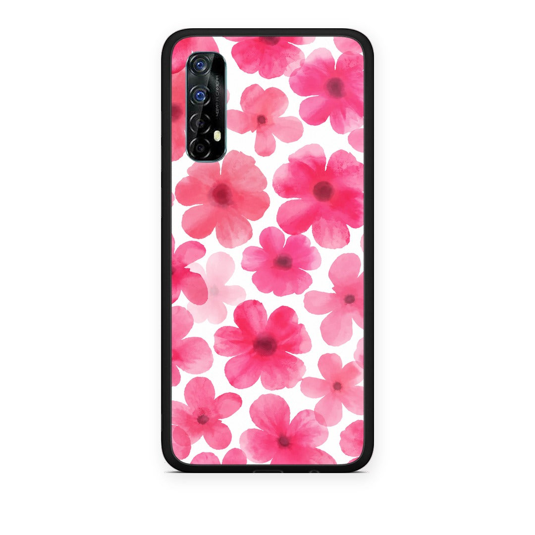 Θήκη Realme 7 Pink Watercolour Flowers on White από τη Smartfits με σχέδιο στο πίσω μέρος και μαύρο περίβλημα | Realme 7 Pink Watercolour Flowers on White case with colorful back and black bezels