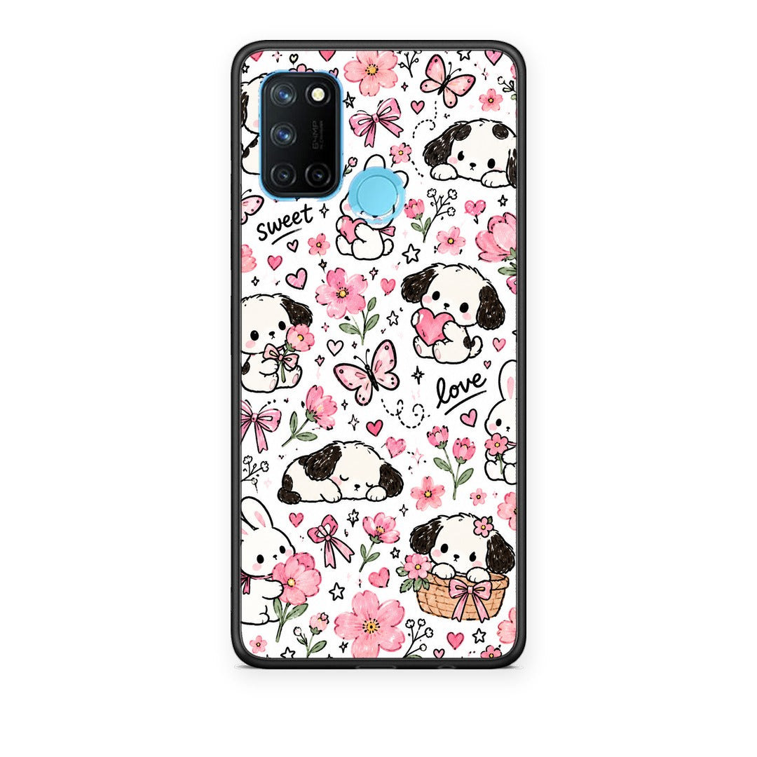 Θήκη Realme 7i / C25 Pink Florals Puppies and Bunnies on White από τη Smartfits με σχέδιο στο πίσω μέρος και μαύρο περίβλημα | Realme 7i / C25 Pink Florals Puppies and Bunnies on White case with colorful back and black bezels