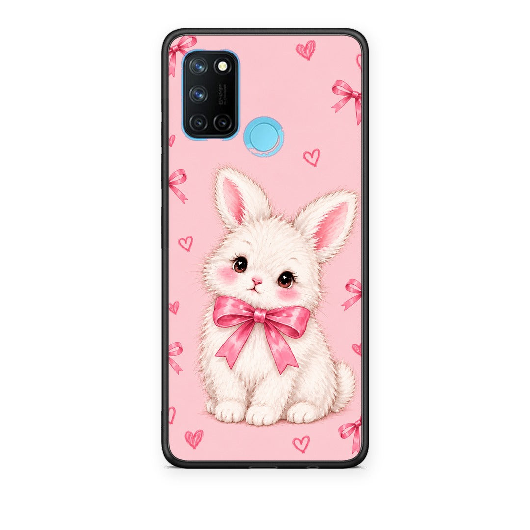 Θήκη Realme 7i / C25 White Bunny and Pink Bows από τη Smartfits με σχέδιο στο πίσω μέρος και μαύρο περίβλημα | Realme 7i / C25 White Bunny and Pink Bows case with colorful back and black bezels