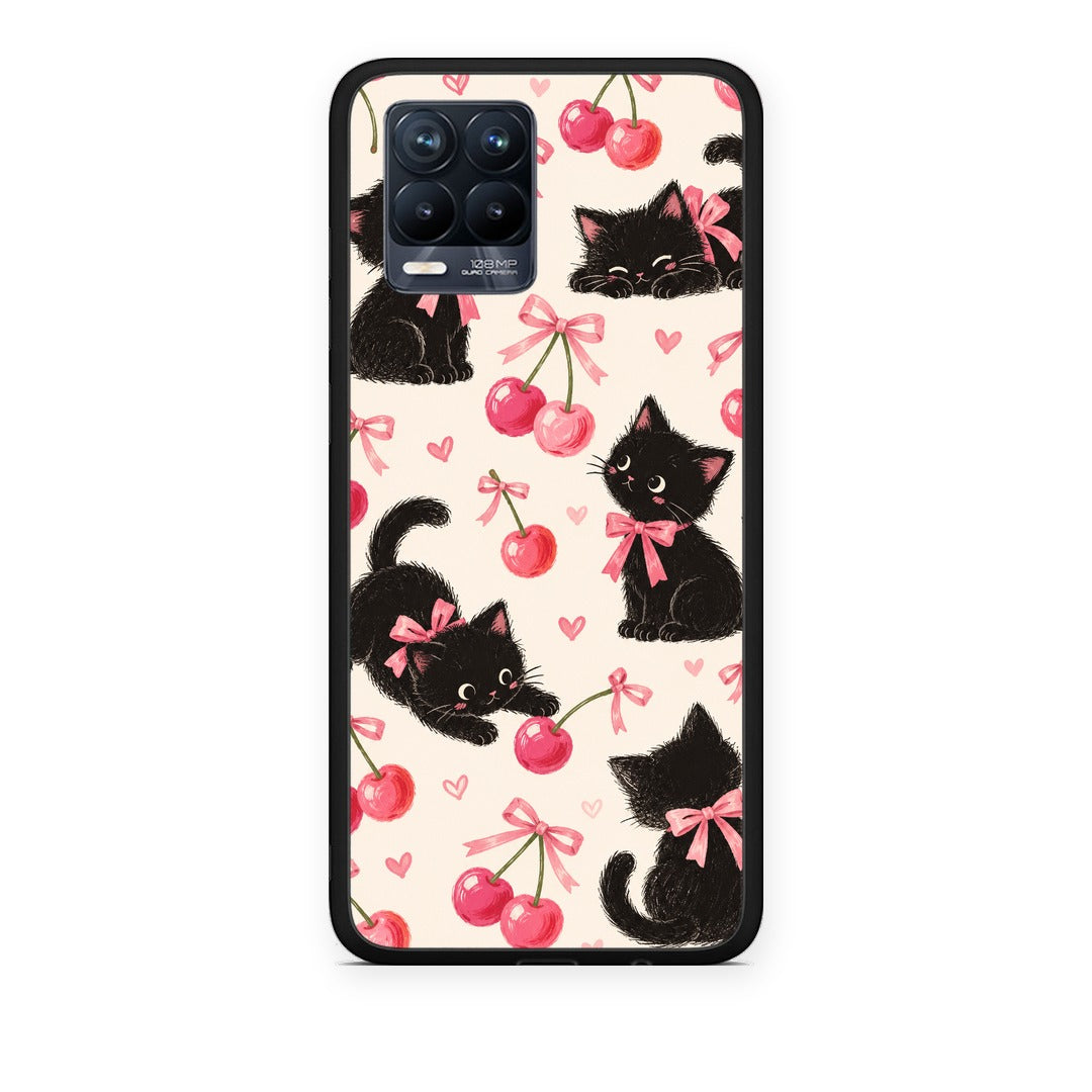 Θήκη Realme 8 / 8 Pro Black Kittens and Cherries on Cream από τη Smartfits με σχέδιο στο πίσω μέρος και μαύρο περίβλημα | Realme 8 / 8 Pro Black Kittens and Cherries on Cream case with colorful back and black bezels