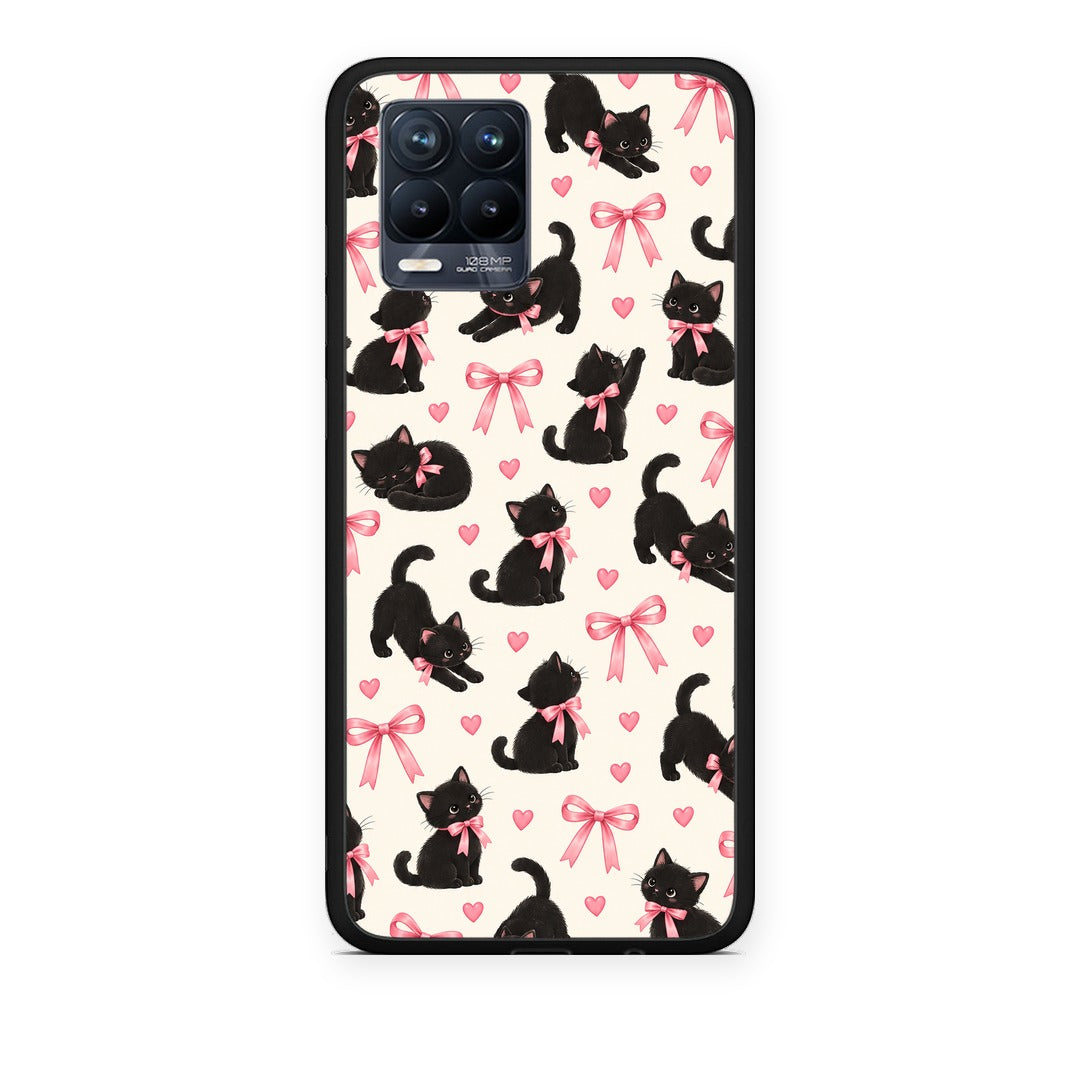 Θήκη Realme 8 / 8 Pro Black Kittens and Pink Bows on Cream Small από τη Smartfits με σχέδιο στο πίσω μέρος και μαύρο περίβλημα | Realme 8 / 8 Pro Black Kittens and Pink Bows on Cream Small case with colorful back and black bezels