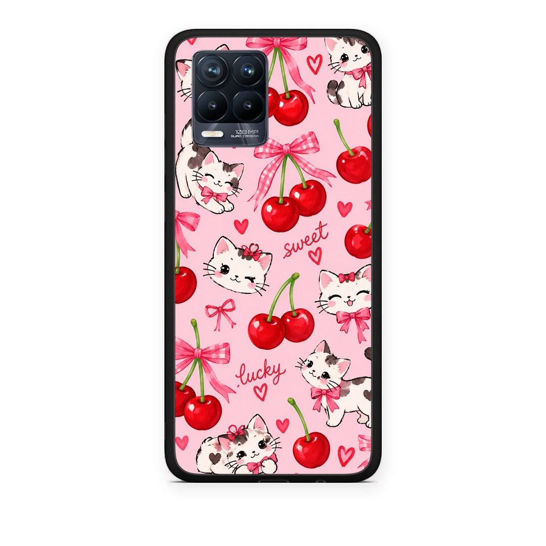 Θήκη Realme 8 / 8 Pro Cherries Bows and Kittens on Pink από τη Smartfits με σχέδιο στο πίσω μέρος και μαύρο περίβλημα | Realme 8 / 8 Pro Cherries Bows and Kittens on Pink case with colorful back and black bezels