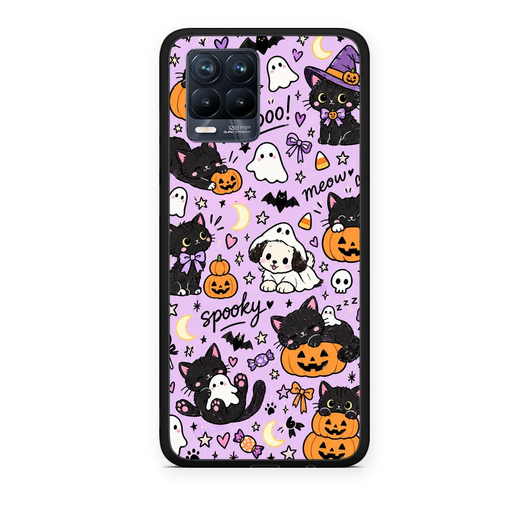 Θήκη Realme 8 / 8 Pro Halloween Black Cats on Lilac από τη Smartfits με σχέδιο στο πίσω μέρος και μαύρο περίβλημα | Realme 8 / 8 Pro Halloween Black Cats on Lilac case with colorful back and black bezels