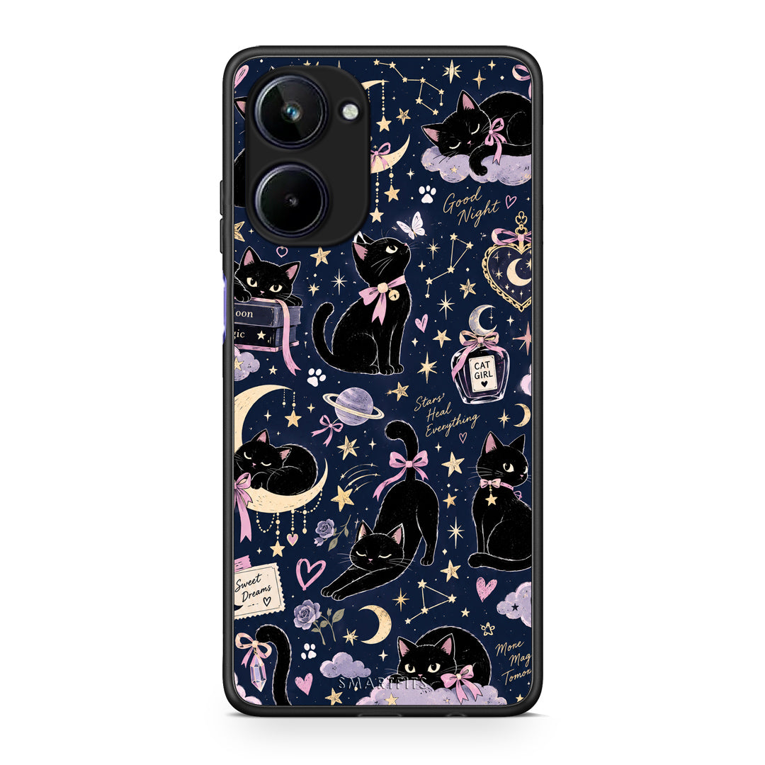 Θήκη Realme 10 Celestial Black Cats on Navy από τη Smartfits με σχέδιο στο πίσω μέρος και μαύρο περίβλημα | Realme 10 Celestial Black Cats on Navy case with colorful back and black bezels