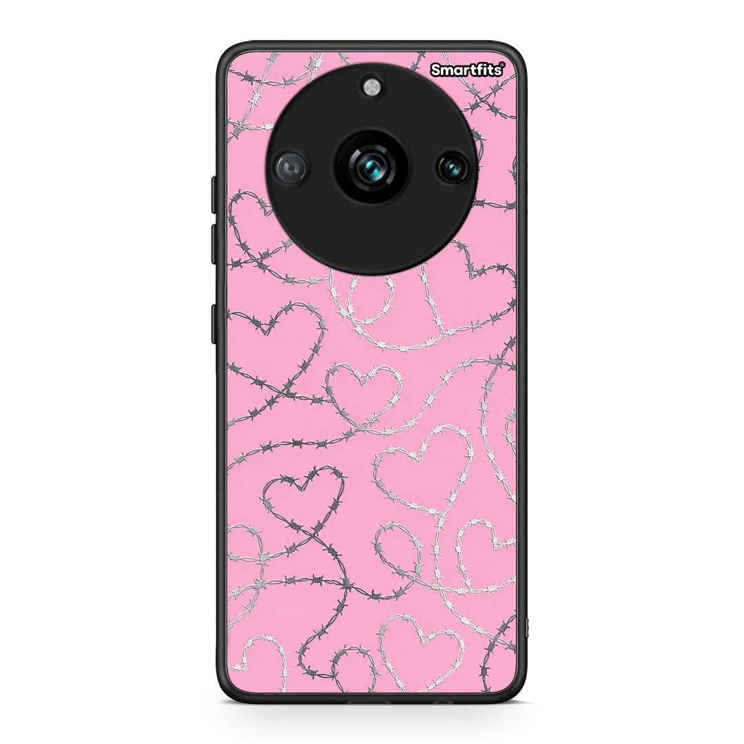 Θήκη Realme 11 Pro+ Barbed Wire Hearts on Pink από τη Smartfits με σχέδιο στο πίσω μέρος και μαύρο περίβλημα | Realme 11 Pro+ Barbed Wire Hearts on Pink case with colorful back and black bezels