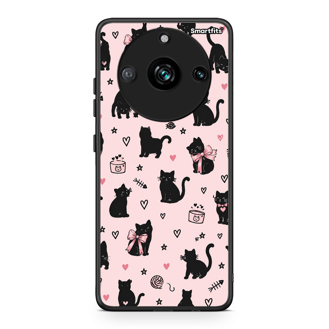 Θήκη Realme 11 Pro+ Black Cat Doodles on Pink από τη Smartfits με σχέδιο στο πίσω μέρος και μαύρο περίβλημα | Realme 11 Pro+ Black Cat Doodles on Pink case with colorful back and black bezels