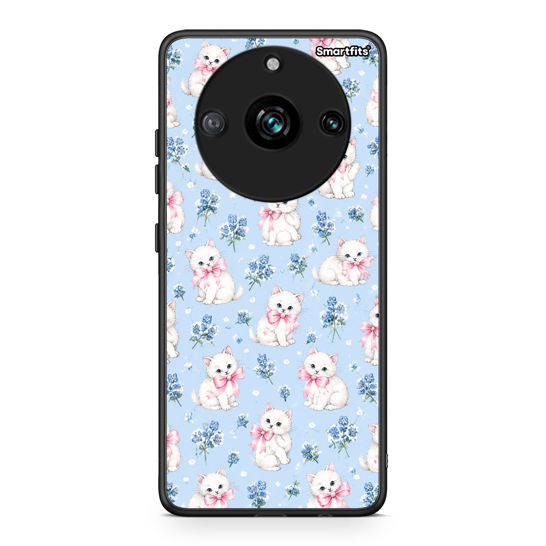 Θήκη Realme 11 Pro White Kittens and Blue Flowers Small από τη Smartfits με σχέδιο στο πίσω μέρος και μαύρο περίβλημα | Realme 11 Pro White Kittens and Blue Flowers Small case with colorful back and black bezels