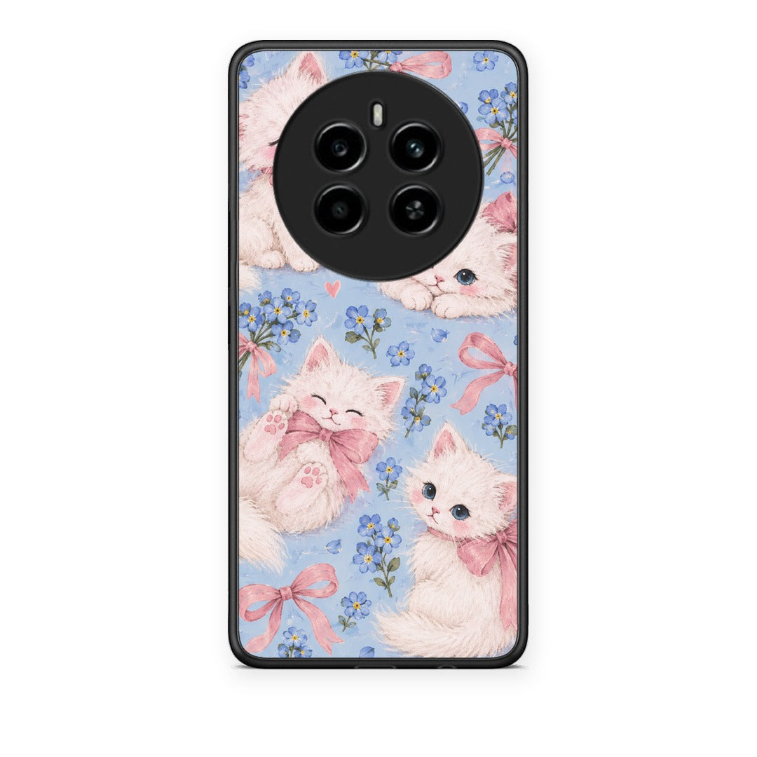 Θήκη Realme 12 4G / 12+ / 13 4G White Kittens and Blue Flowers Large από τη Smartfits με σχέδιο στο πίσω μέρος και μαύρο περίβλημα | Realme 12 4G / 12+ / 13 4G White Kittens and Blue Flowers Large case with colorful back and black bezels