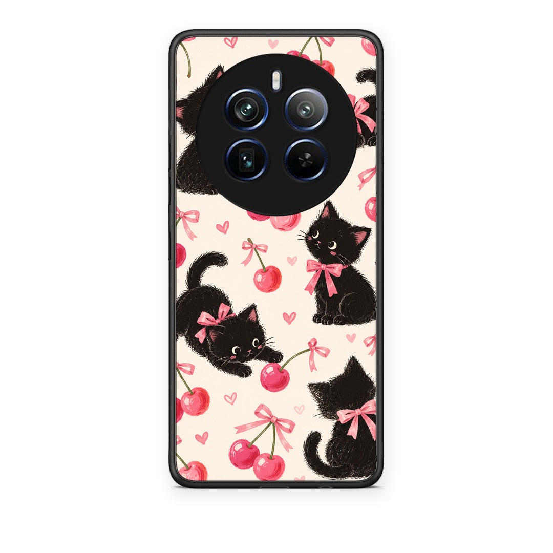 Θήκη Realme 12 Pro 5G / 12 Pro+ Black Kittens and Cherries on Cream από τη Smartfits με σχέδιο στο πίσω μέρος και μαύρο περίβλημα | Realme 12 Pro 5G / 12 Pro+ Black Kittens and Cherries on Cream case with colorful back and black bezels
