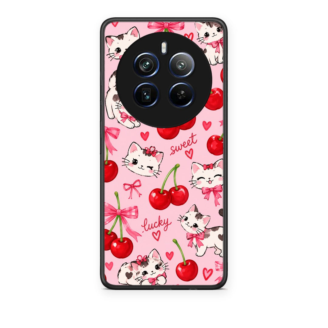 Θήκη Realme 12 Pro 5G / 12 Pro+ Cherries Bows and Kittens on Pink από τη Smartfits με σχέδιο στο πίσω μέρος και μαύρο περίβλημα | Realme 12 Pro 5G / 12 Pro+ Cherries Bows and Kittens on Pink case with colorful back and black bezels