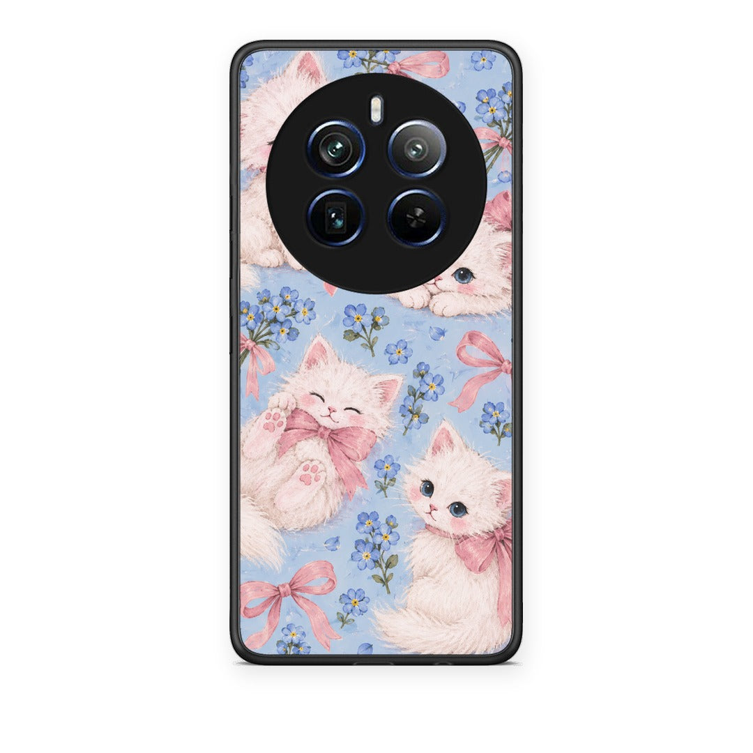 Θήκη Realme 12 Pro 5G / 12 Pro+ White Kittens and Blue Flowers Large από τη Smartfits με σχέδιο στο πίσω μέρος και μαύρο περίβλημα | Realme 12 Pro 5G / 12 Pro+ White Kittens and Blue Flowers Large case with colorful back and black bezels