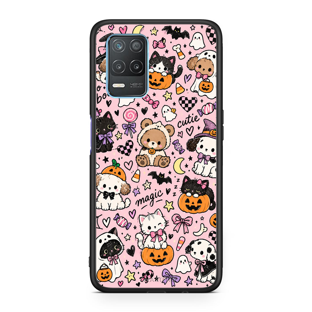 Θήκη Realme 8 5G Halloween Cute Animals on Pink από τη Smartfits με σχέδιο στο πίσω μέρος και μαύρο περίβλημα | Realme 8 5G Halloween Cute Animals on Pink case with colorful back and black bezels