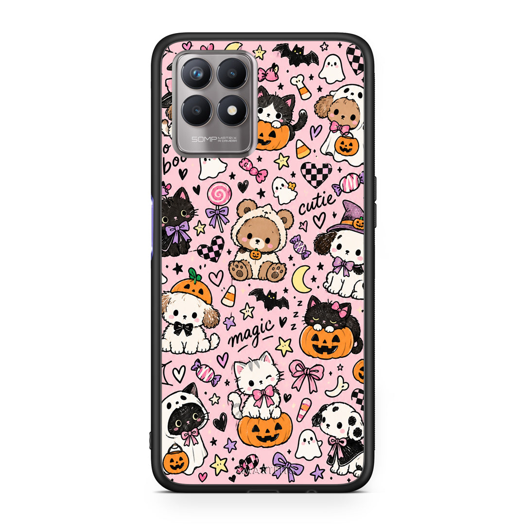Θήκη Realme 8i Halloween Cute Animals on Pink από τη Smartfits με σχέδιο στο πίσω μέρος και μαύρο περίβλημα | Realme 8i Halloween Cute Animals on Pink case with colorful back and black bezels
