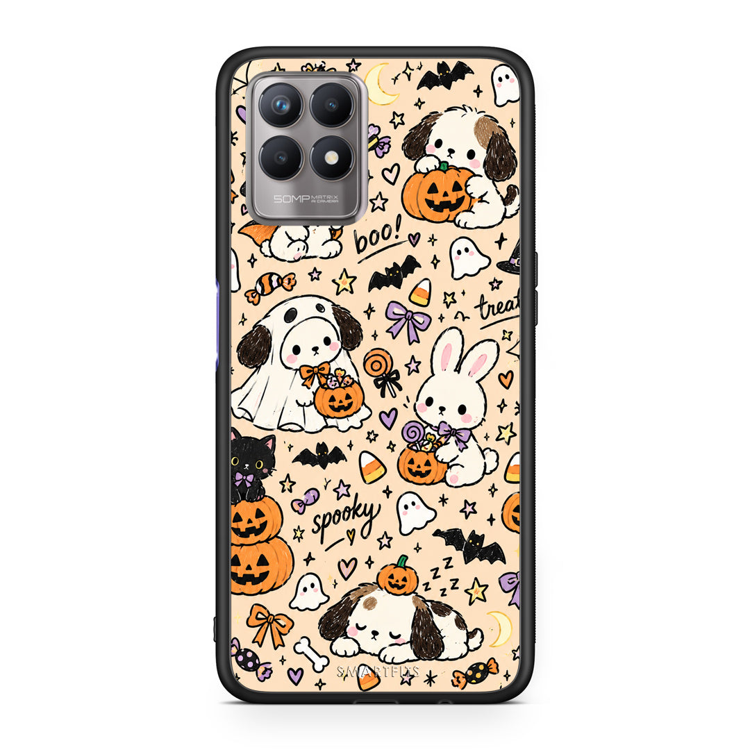Θήκη Realme 8i Halloween Puppies and Friends on Cream από τη Smartfits με σχέδιο στο πίσω μέρος και μαύρο περίβλημα | Realme 8i Halloween Puppies and Friends on Cream case with colorful back and black bezels