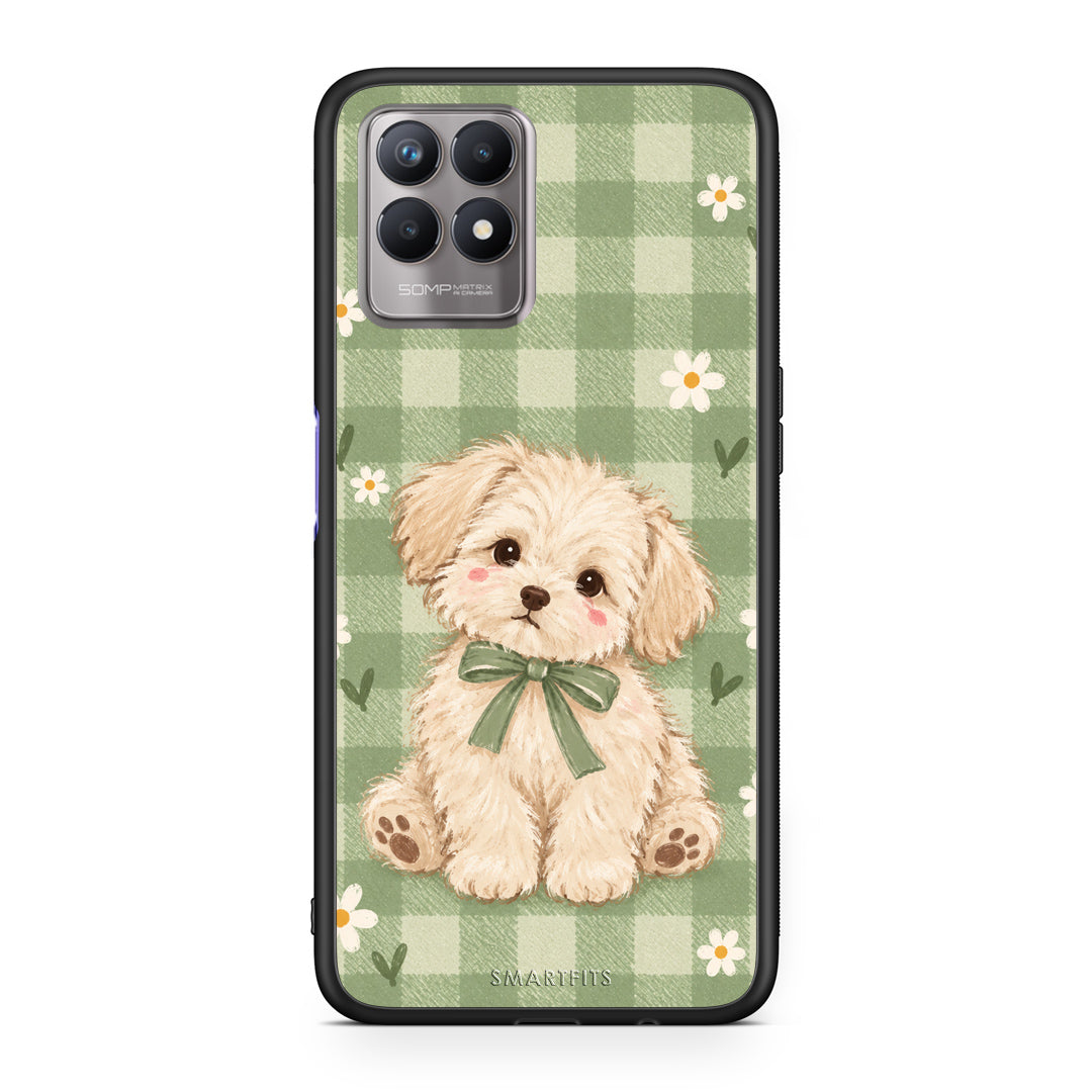 Θήκη Realme 8i Puppy and Daisies on Sage Gingham από τη Smartfits με σχέδιο στο πίσω μέρος και μαύρο περίβλημα | Realme 8i Puppy and Daisies on Sage Gingham case with colorful back and black bezels