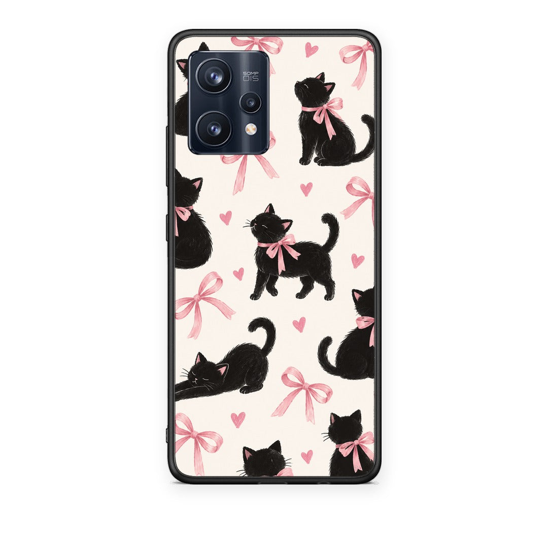 Θήκη Realme 9 / 9 Pro+ 5G Black Kittens and Pink Bows on Cream Large από τη Smartfits με σχέδιο στο πίσω μέρος και μαύρο περίβλημα | Realme 9 / 9 Pro+ 5G Black Kittens and Pink Bows on Cream Large case with colorful back and black bezels