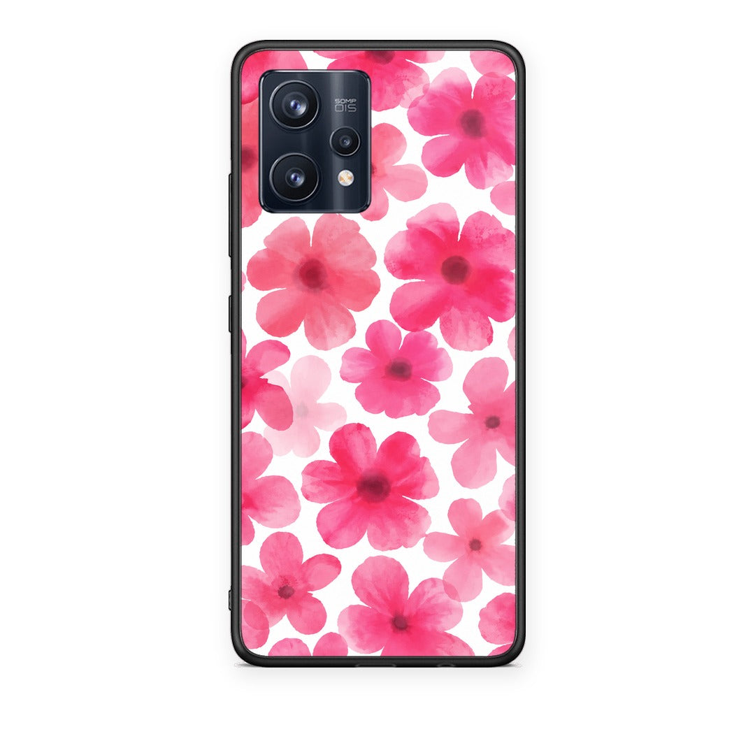 Θήκη Realme 9 / 9 Pro+ 5G Pink Watercolour Flowers on White από τη Smartfits με σχέδιο στο πίσω μέρος και μαύρο περίβλημα | Realme 9 / 9 Pro+ 5G Pink Watercolour Flowers on White case with colorful back and black bezels
