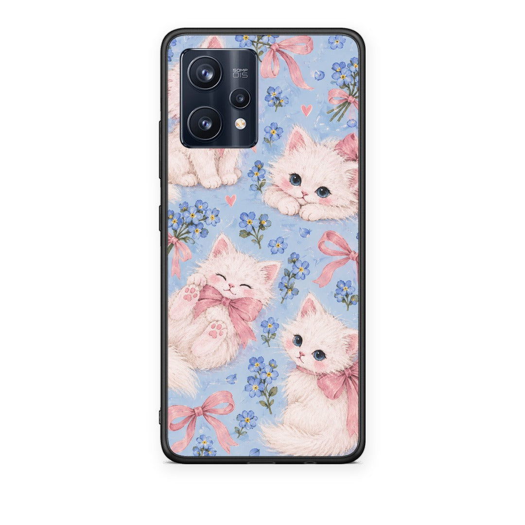 Θήκη Realme 9 / 9 Pro+ 5G White Kittens and Blue Flowers Large από τη Smartfits με σχέδιο στο πίσω μέρος και μαύρο περίβλημα | Realme 9 / 9 Pro+ 5G White Kittens and Blue Flowers Large case with colorful back and black bezels