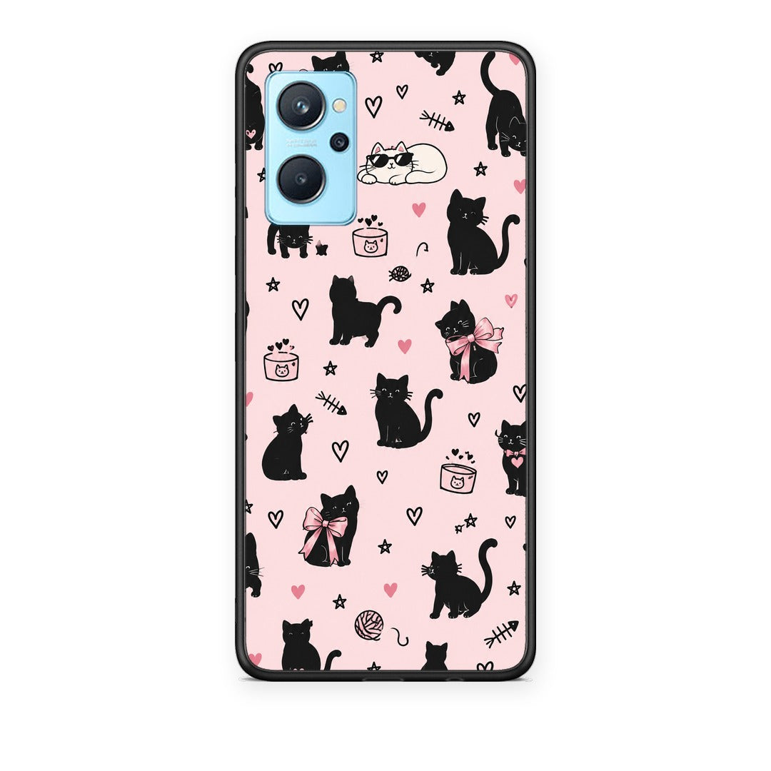 Θήκη Realme 9i Black Cat Doodles on Pink από τη Smartfits με σχέδιο στο πίσω μέρος και μαύρο περίβλημα | Realme 9i Black Cat Doodles on Pink case with colorful back and black bezels