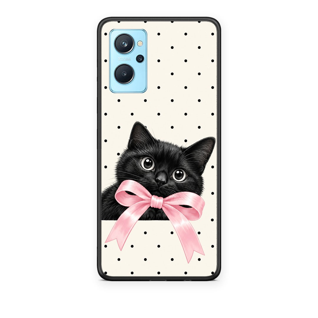 Θήκη Realme 9i Black Kitten Pink Bow and Polka Dots από τη Smartfits με σχέδιο στο πίσω μέρος και μαύρο περίβλημα | Realme 9i Black Kitten Pink Bow and Polka Dots case with colorful back and black bezels