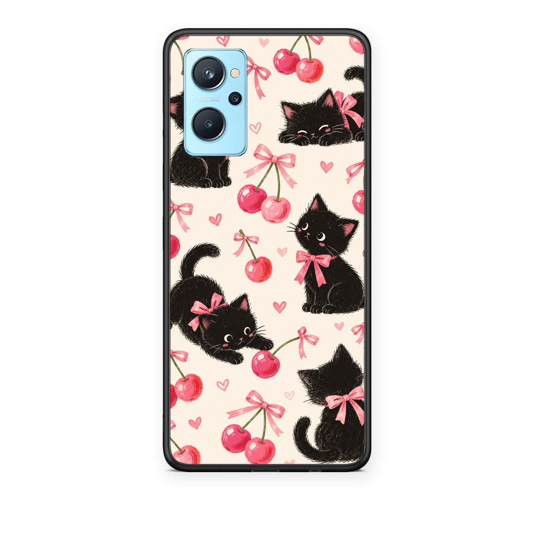 Θήκη Realme 9i Black Kittens and Cherries on Cream από τη Smartfits με σχέδιο στο πίσω μέρος και μαύρο περίβλημα | Realme 9i Black Kittens and Cherries on Cream case with colorful back and black bezels