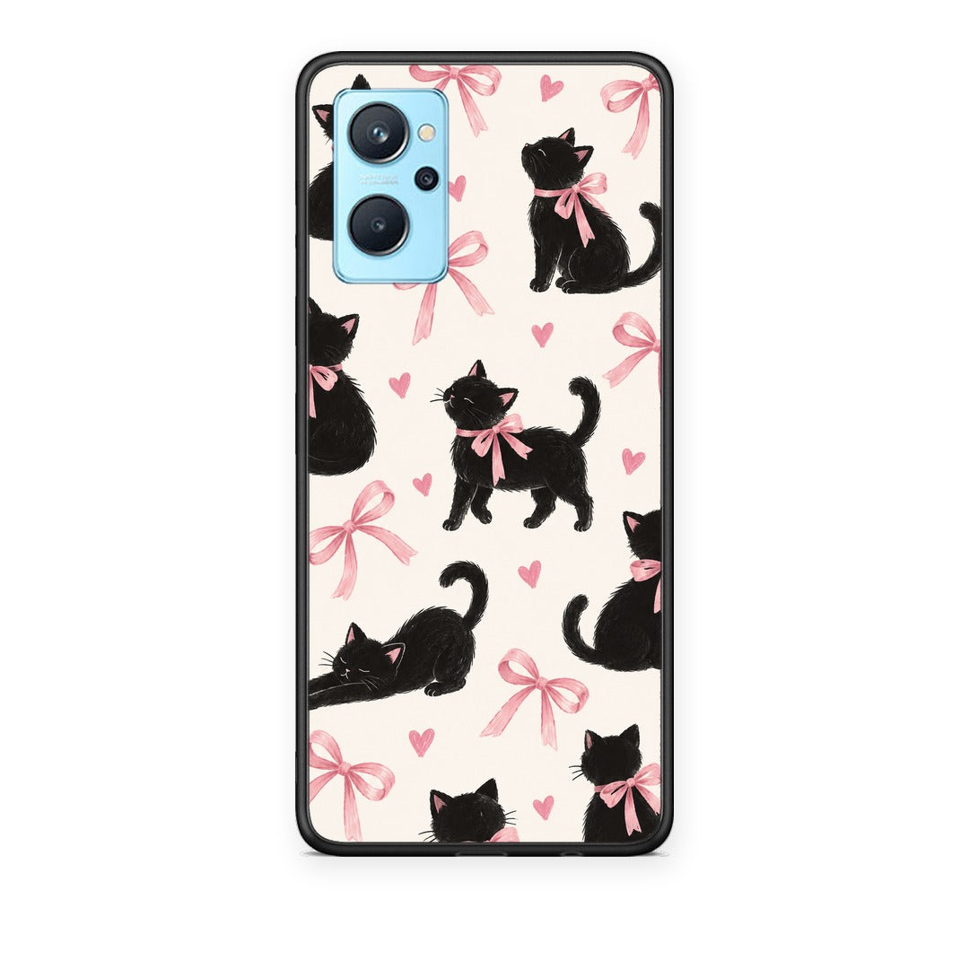 Θήκη Realme 9i Black Kittens and Pink Bows on Cream Large από τη Smartfits με σχέδιο στο πίσω μέρος και μαύρο περίβλημα | Realme 9i Black Kittens and Pink Bows on Cream Large case with colorful back and black bezels