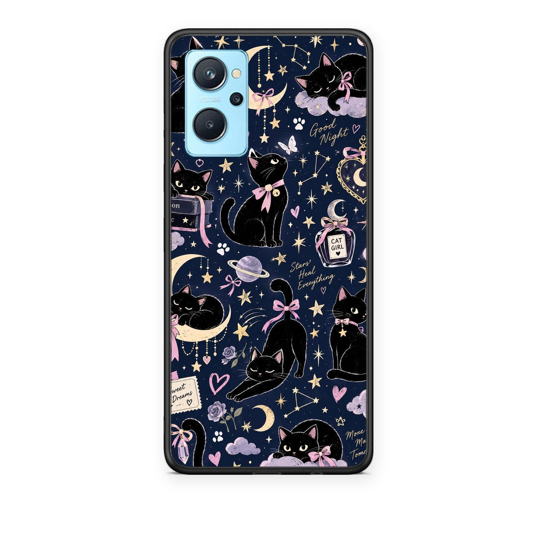 Θήκη Realme 9i Celestial Black Cats on Navy από τη Smartfits με σχέδιο στο πίσω μέρος και μαύρο περίβλημα | Realme 9i Celestial Black Cats on Navy case with colorful back and black bezels