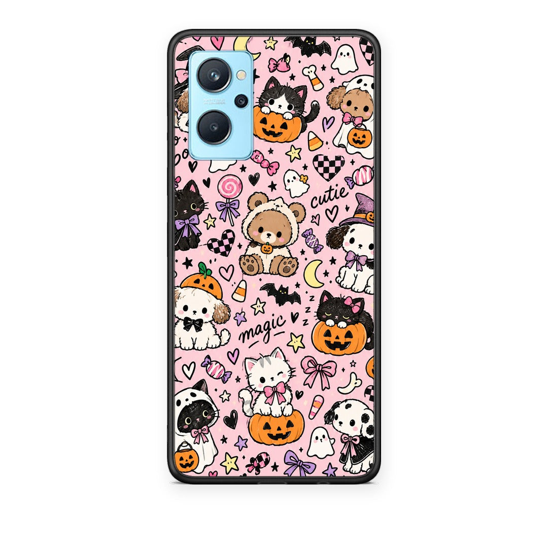 Θήκη Oppo A96 Halloween Cute Animals on Pink από τη Smartfits με σχέδιο στο πίσω μέρος και μαύρο περίβλημα | Oppo A96 Halloween Cute Animals on Pink case with colorful back and black bezels