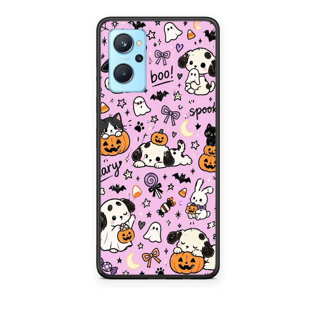Θήκη Realme 9i Halloween Puppies and Friends on Lilac από τη Smartfits με σχέδιο στο πίσω μέρος και μαύρο περίβλημα | Realme 9i Halloween Puppies and Friends on Lilac case with colorful back and black bezels