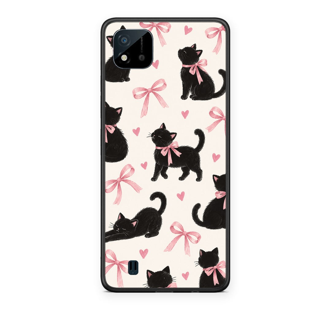Θήκη Realme C11 2021 / C20 Black Kittens and Pink Bows on Cream Large από τη Smartfits με σχέδιο στο πίσω μέρος και μαύρο περίβλημα | Realme C11 2021 / C20 Black Kittens and Pink Bows on Cream Large case with colorful back and black bezels