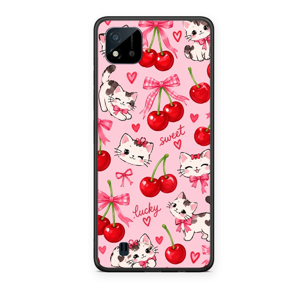 Θήκη Realme C11 2021 / C20 Cherries Bows and Kittens on Pink από τη Smartfits με σχέδιο στο πίσω μέρος και μαύρο περίβλημα | Realme C11 2021 / C20 Cherries Bows and Kittens on Pink case with colorful back and black bezels