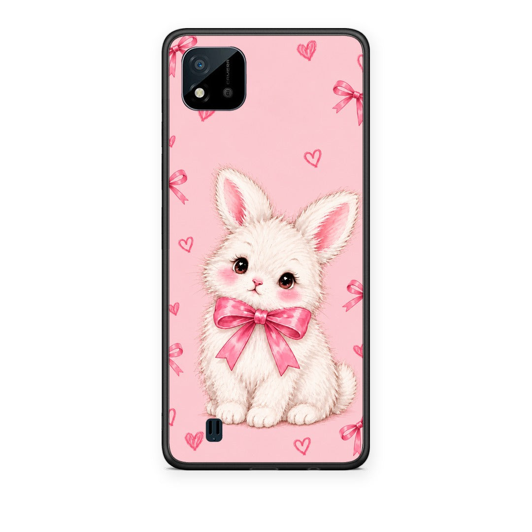 Θήκη Realme C11 2021 / C20 White Bunny and Pink Bows από τη Smartfits με σχέδιο στο πίσω μέρος και μαύρο περίβλημα | Realme C11 2021 / C20 White Bunny and Pink Bows case with colorful back and black bezels