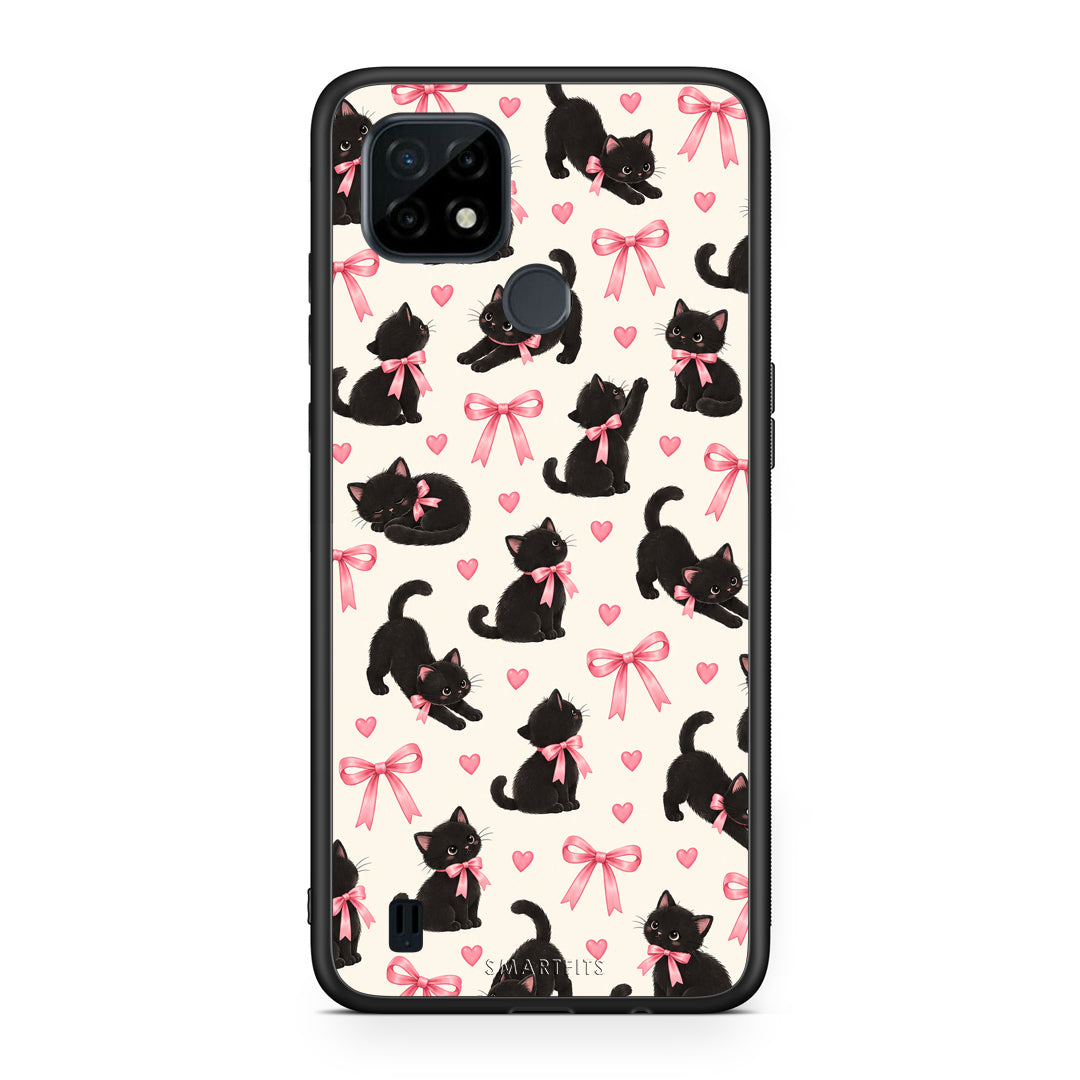 Θήκη Realme C21 Black Kittens and Pink Bows on Cream Small από τη Smartfits με σχέδιο στο πίσω μέρος και μαύρο περίβλημα | Realme C21 Black Kittens and Pink Bows on Cream Small case with colorful back and black bezels