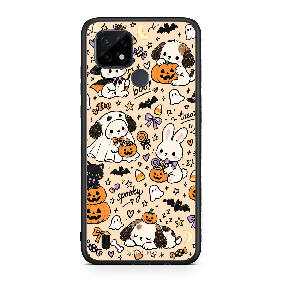 Θήκη Realme C21 Halloween Puppies and Friends on Cream από τη Smartfits με σχέδιο στο πίσω μέρος και μαύρο περίβλημα | Realme C21 Halloween Puppies and Friends on Cream case with colorful back and black bezels