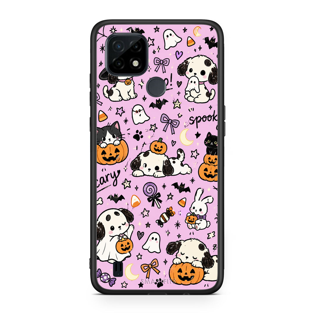 Θήκη Realme C21 Halloween Puppies and Friends on Lilac από τη Smartfits με σχέδιο στο πίσω μέρος και μαύρο περίβλημα | Realme C21 Halloween Puppies and Friends on Lilac case with colorful back and black bezels